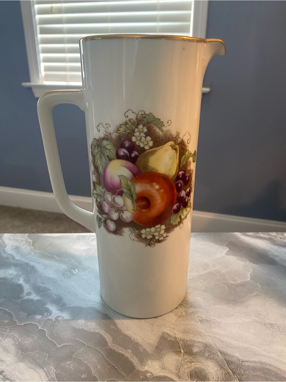Vintage Fruit Motif Ceramic Pitcher - White with Multicolor Fruit Design